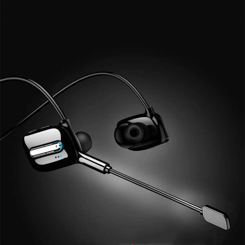 Black Bluetooth wireless headset with a stylish design and dual microphones for sports use.