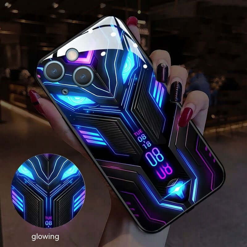 Glow in the dark phone case featuring a vibrant, cartoon-style design for Apple models, anti-fingerprint glass material.