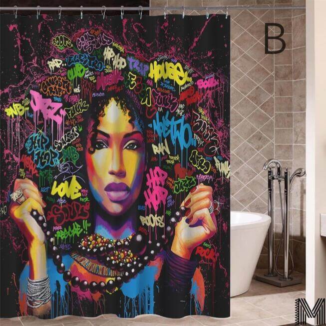 Art Design Graffiti Art Hip Hop African Girl with Black Hair Big Earring with Modern Building Shower Curtain for Bathroom Decor - DBMP (Electronics And More Store)