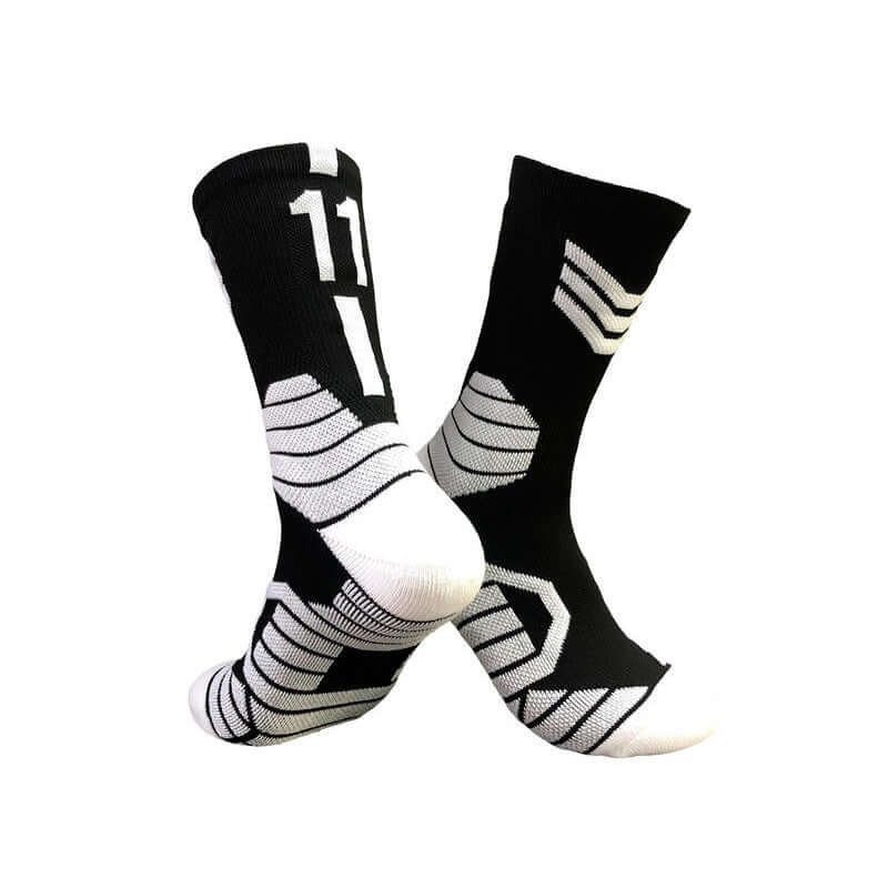 Superstar basketball socks in black and white, featuring number 11 design, ideal for sports and comfort.
