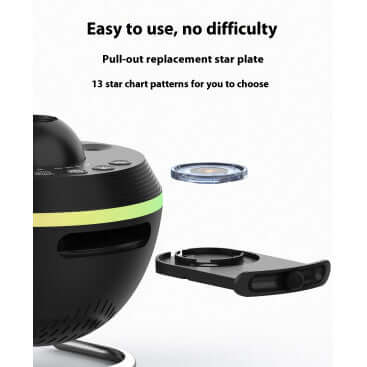 Zorb Ball HD Galaxy Lamp showing pull-out replacement star plate with 13 chart patterns for easy use.