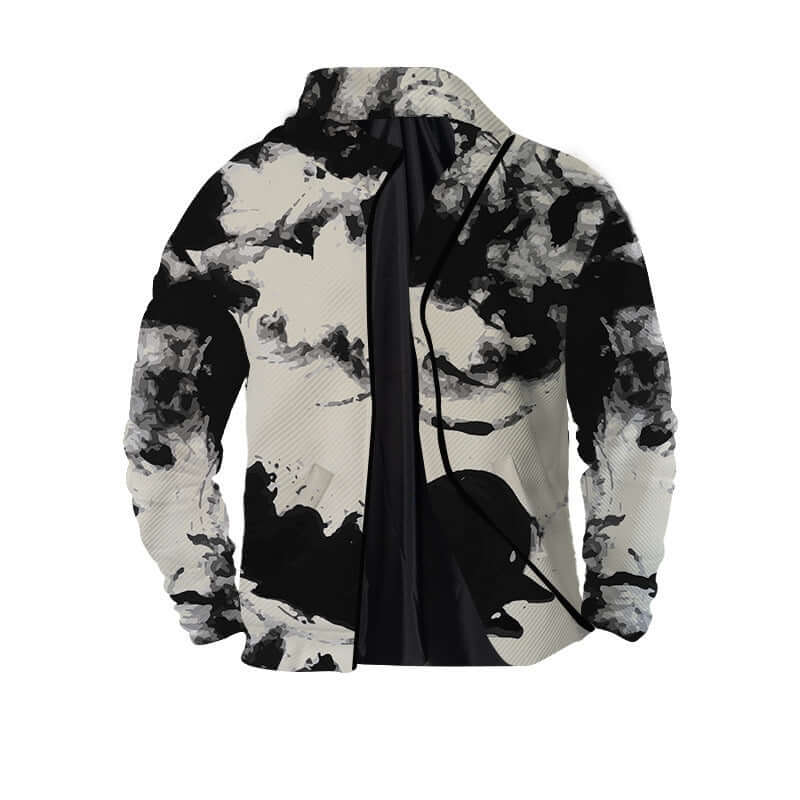Men's 3D zipper jacket with digital printing in black and white artistic pattern, suitable for teenagers.