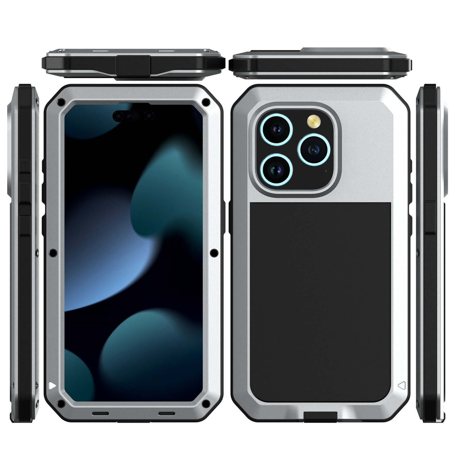 Metal three-proof phone case in silver, featuring anti-drop and waterproof protection for compatibility with Apple devices.
