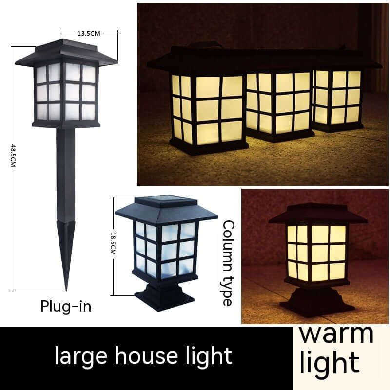 Large solar-powered lamp in courtyard with warm light; features column and plug-in design, suitable for garden illumination.