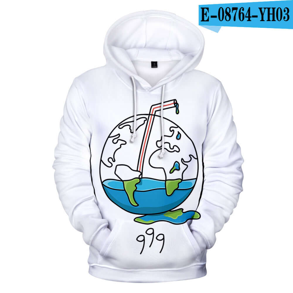 White hoodie featuring a graphic of the Earth with a straw and the number 999, showcasing a unique hip-hop style.