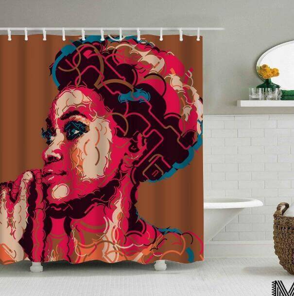 Art Design Graffiti Art Hip Hop African Girl with Black Hair Big Earring with Modern Building Shower Curtain for Bathroom Decor - DBMP (Electronics And More Store)
