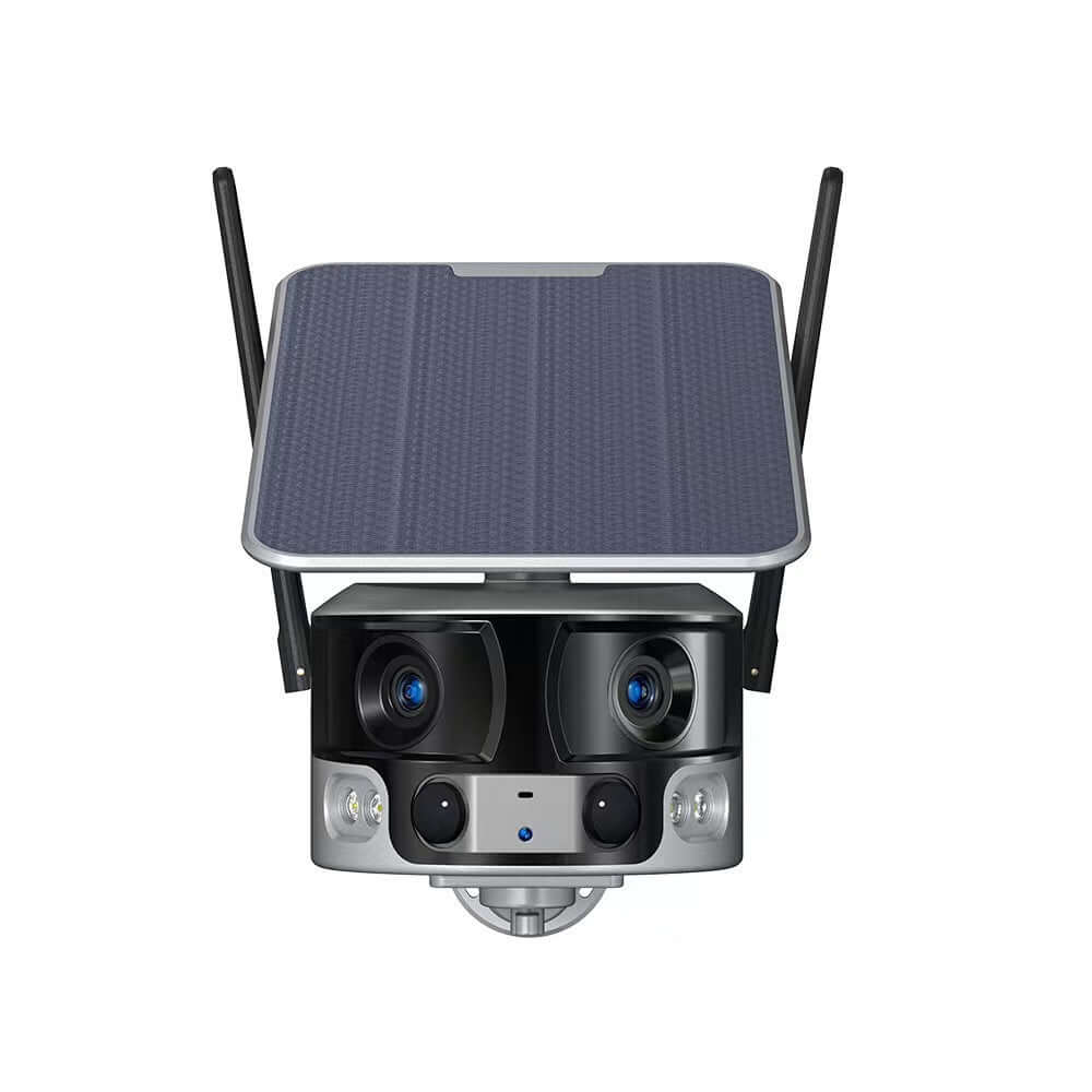 Mobile phone remote solar camera with dual lenses and solar panel, ideal for outdoor surveillance.