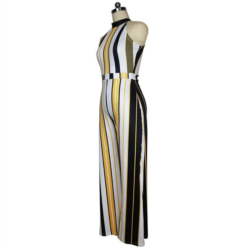 Summer striped romper jumpsuit for women, sleeveless halter style, elegant and casual plus size overalls.