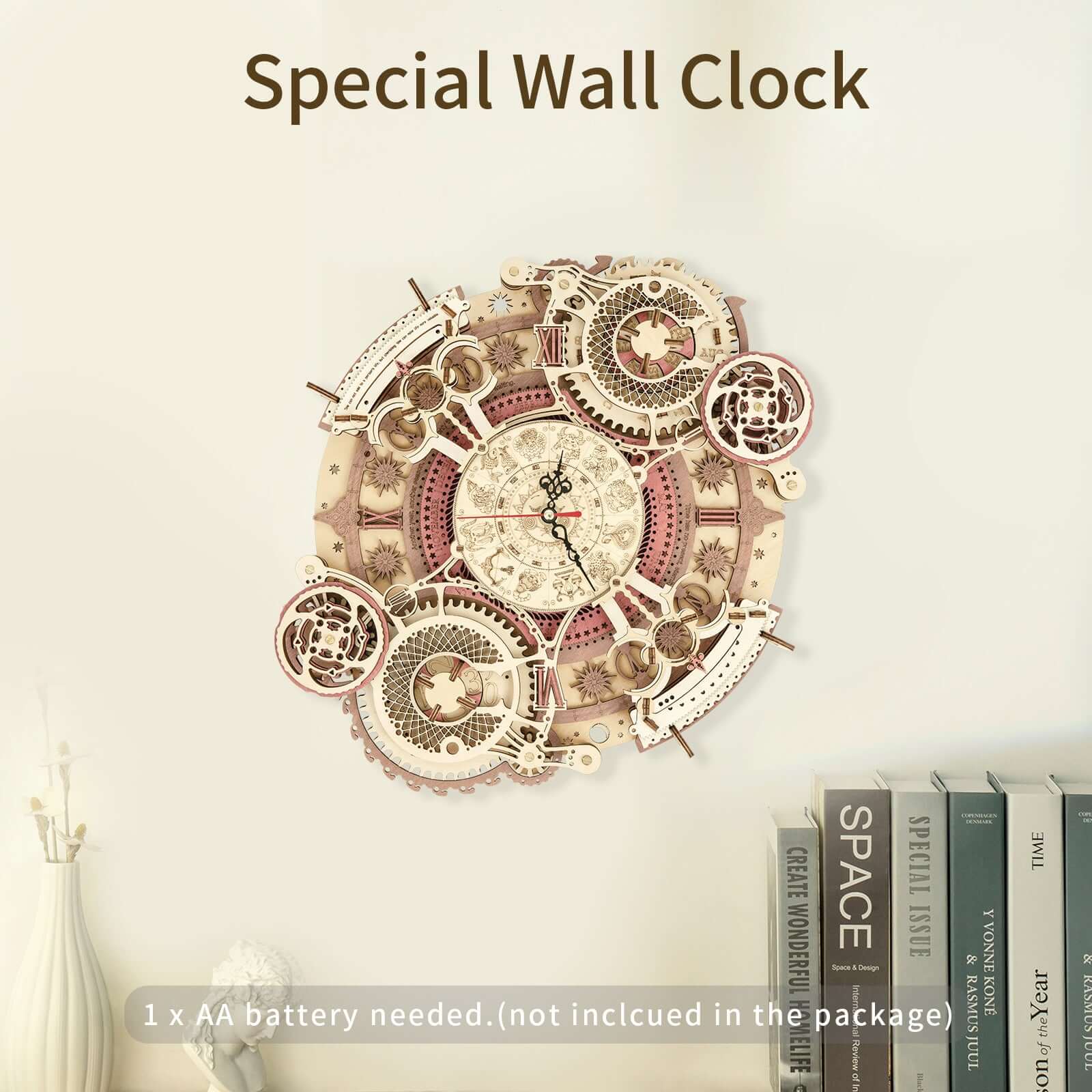 Robotime ROKR wooden wall clock model with intricate design, requiring 1 AA battery for operation.