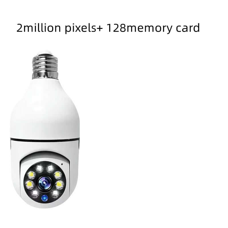 WiFi camera bulb with 2 million pixels and 128GB memory card for home surveillance and monitoring.