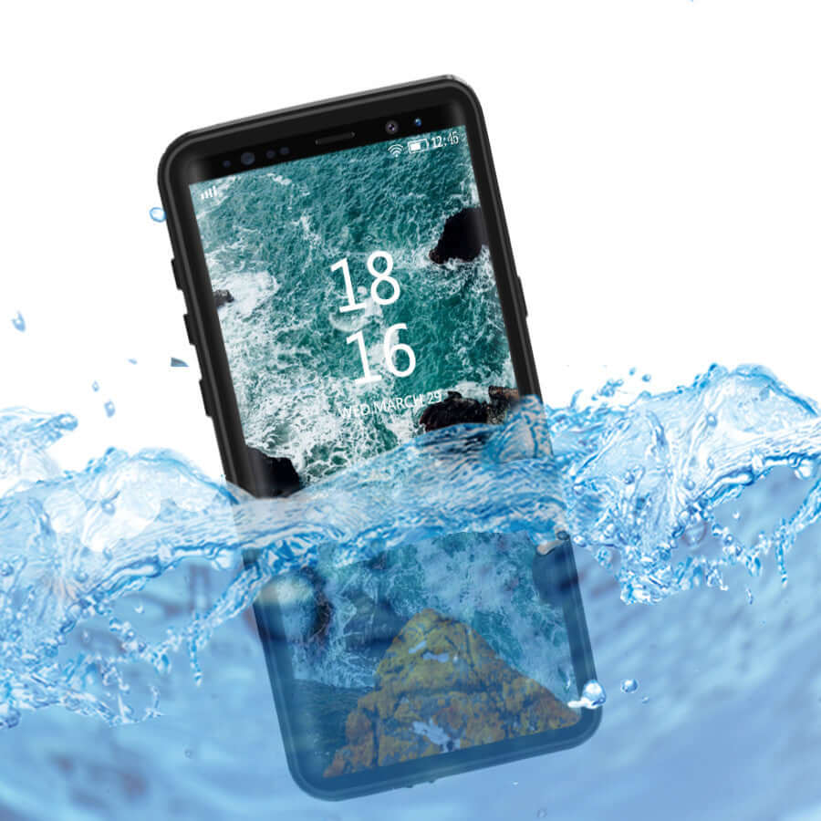 Waterproof phone case submerged in water, showcasing its anti-fall and impact-resistant design.