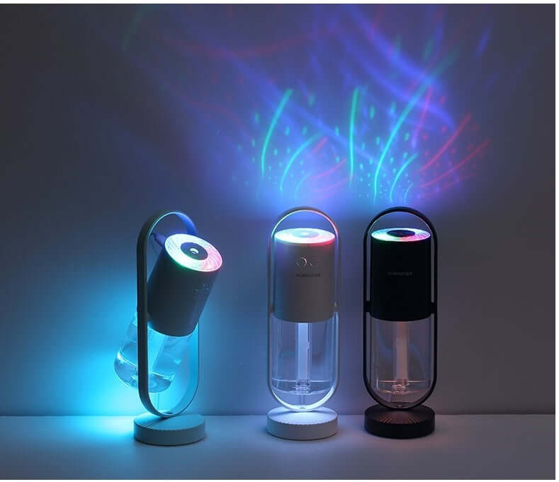 Magic Shadow USB air humidifier showcasing three color-changing models with night lights and mist projection.