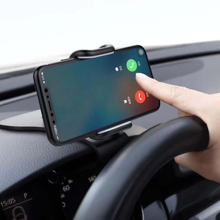 Car phone holder in use, showing a hand answering a call while driving, emphasizing convenience and safety.