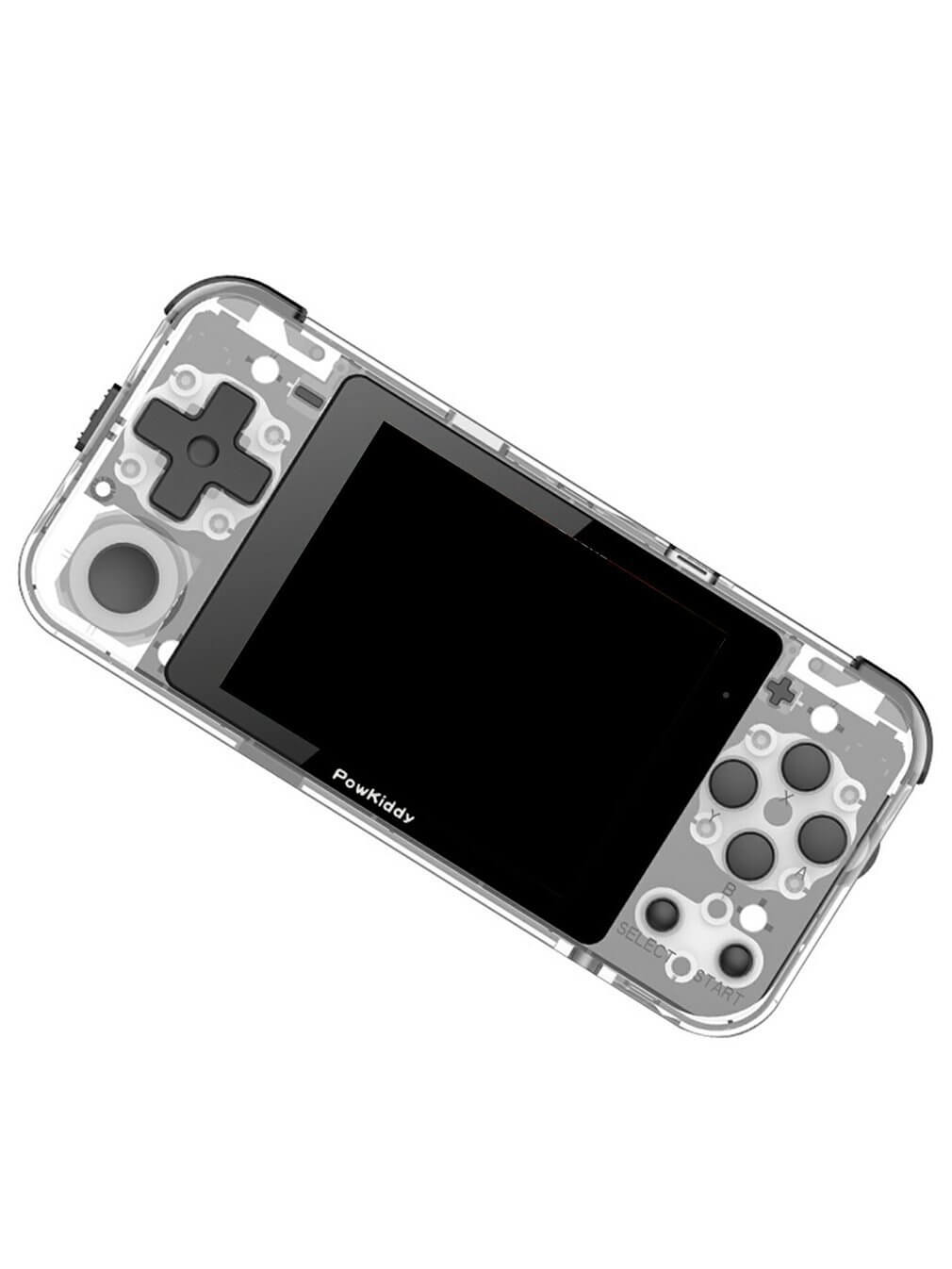 Retro joystick game console with IPS screen, transparent white design and ergonomic buttons, ideal for RPG and action games.
