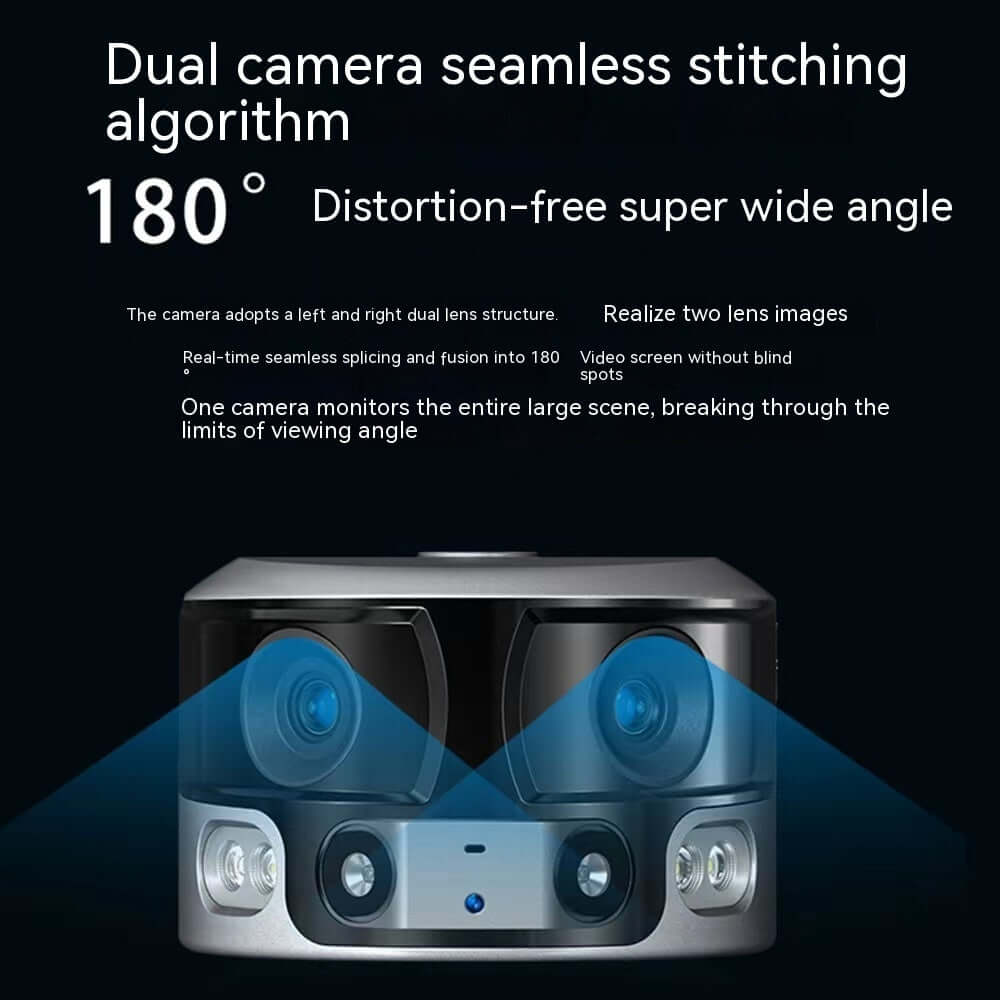 Dual camera with 180° wide angle, seamless stitching, and distortion-free image capture for expansive view monitoring.