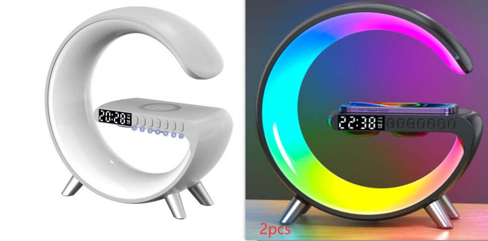 G shaped LED lamp with clock and colorful glow, featuring wireless charging and Bluetooth speaker capabilities.