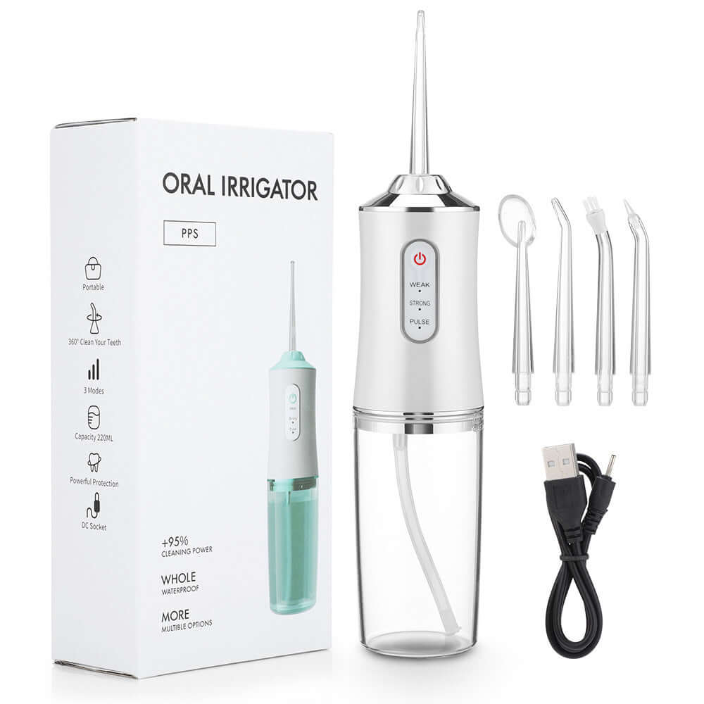 Household 3-speed hand-held electric dental irrigator with nozzles and USB cable for effective oral care.