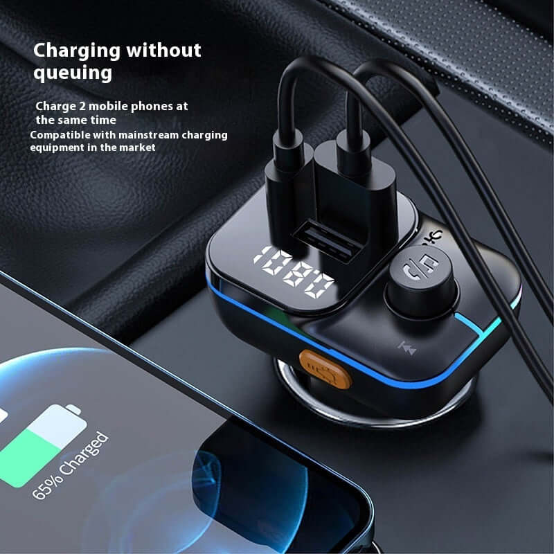 Car Bluetooth MP3 player charger with dual USB ports for fast charging mobile phones simultaneously.