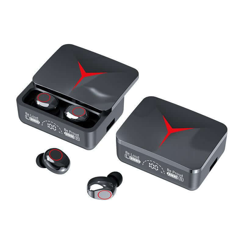 Gaming Bluetooth headset in a black charging case with two earbuds, featuring stereo sound and wireless design.