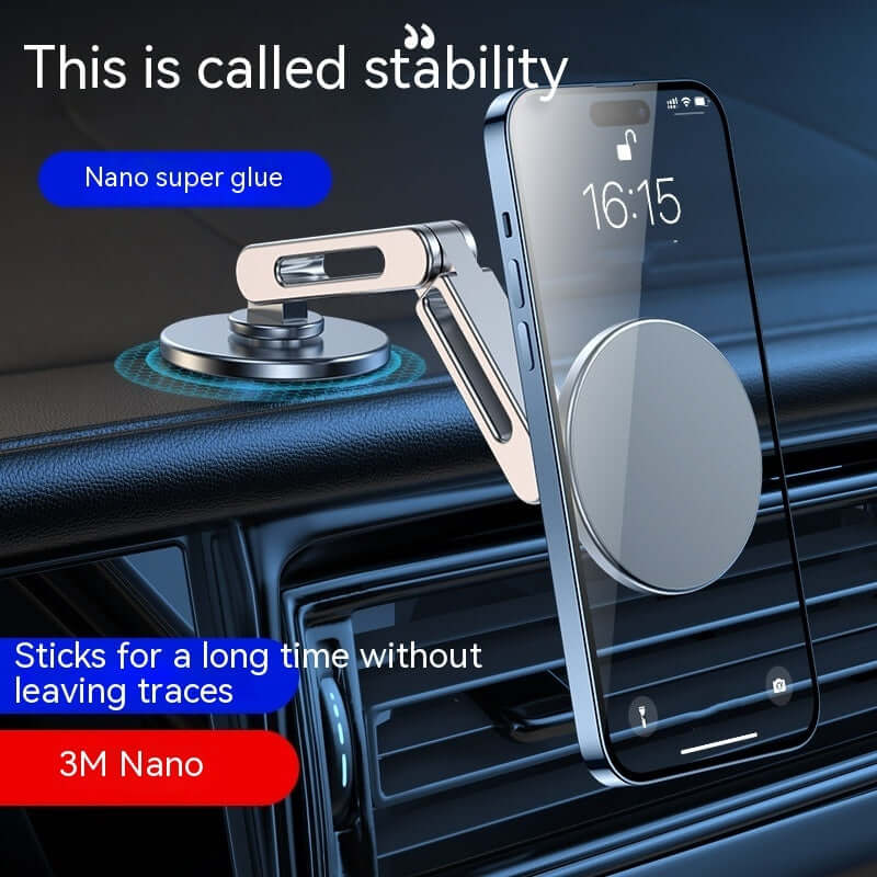Magnetic car phone holder with nano super glue, showcasing secure attachment and 360-degree rotation features.