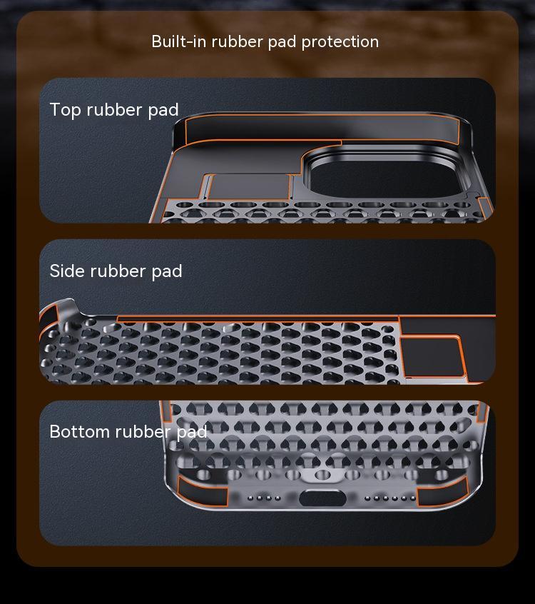 Built-in rubber pad protection for phone case, showing top, side, and bottom pads for enhanced shock absorption.
