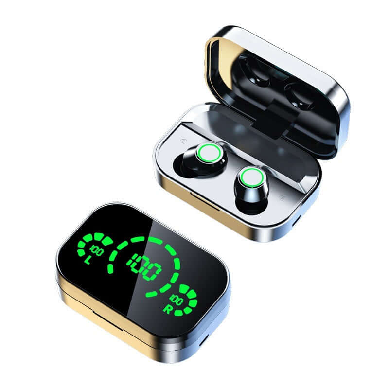 YD03 Wireless Bluetooth headset with smart digital display and charging case, featuring green LED lights.