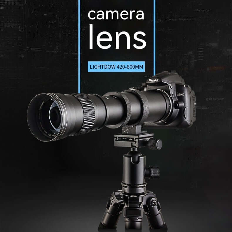 Nikon camera with Lightdow 420-800mm zoom lens mounted on tripod with a dark background.