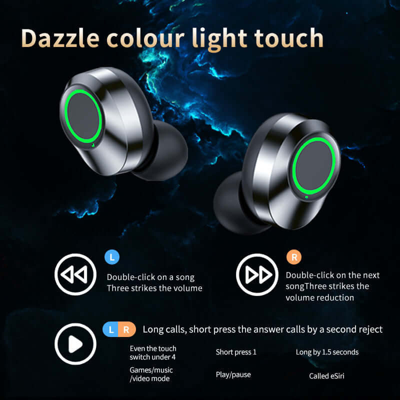 YD03 Wireless Bluetooth Headset with LED light touch controls for volume and playback settings.