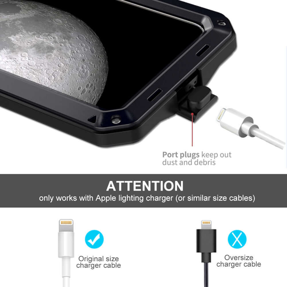Metal phone case with port plug for charging, ensuring protection against dust and debris. Compatible with Apple lighting charger.