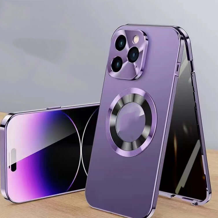 Magnetic cell phone case in purple with anti-peep metal clip for iPhone, showcasing modern design and functionality.