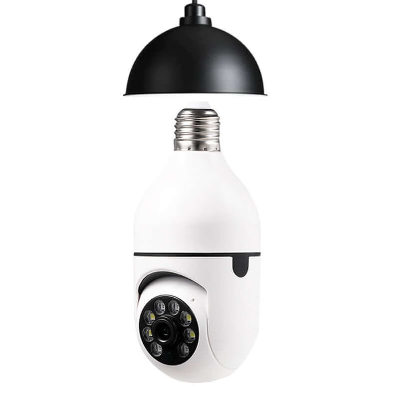 WiFi 1080P bulb camera with 4X zoom, automatic tracking, and night vision features