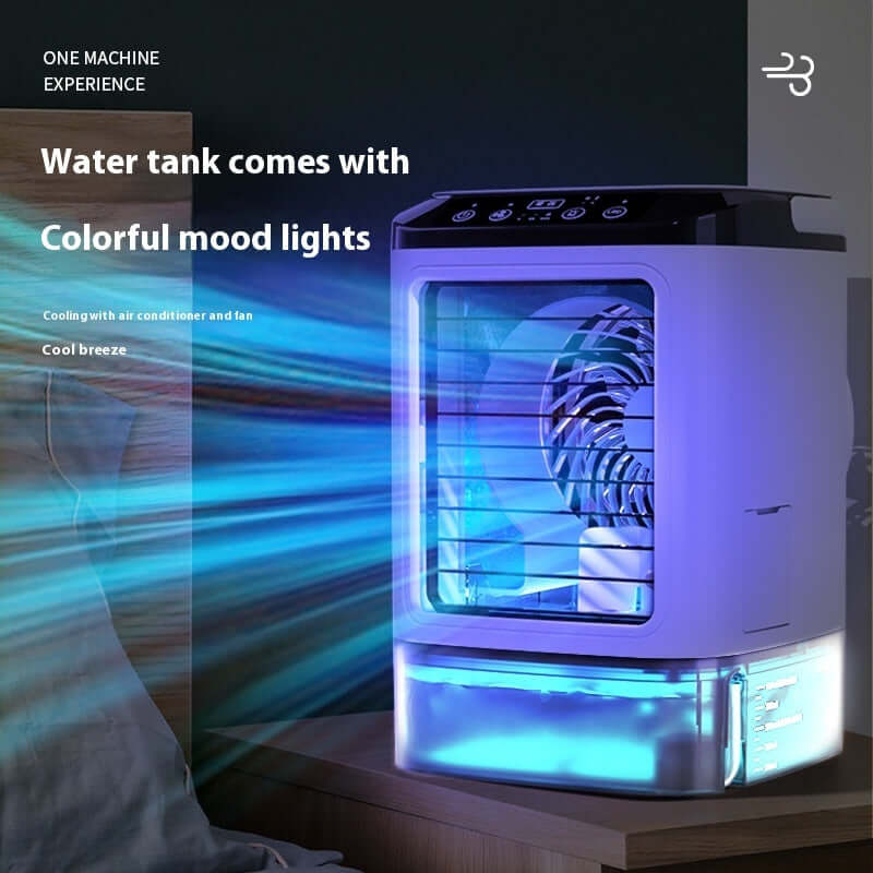 Desktop air cooler with colorful mood lights and dual spray cooling feature for a refreshing environment.