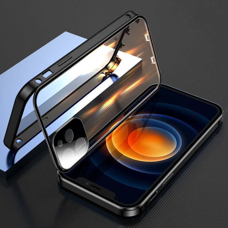 Metal frame snap double-sided glass phone case in black, showcasing compatibility with Apple iPhone models.