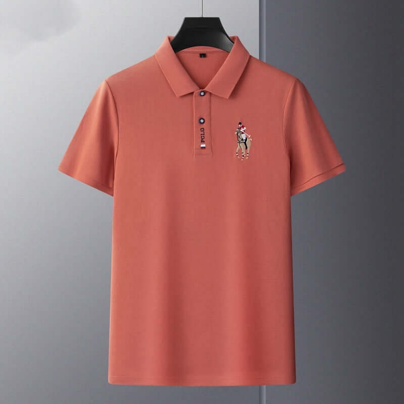 Summer Men's Mercerized Cotton Embroidery Polo Top in Coral Color with Short Sleeves.