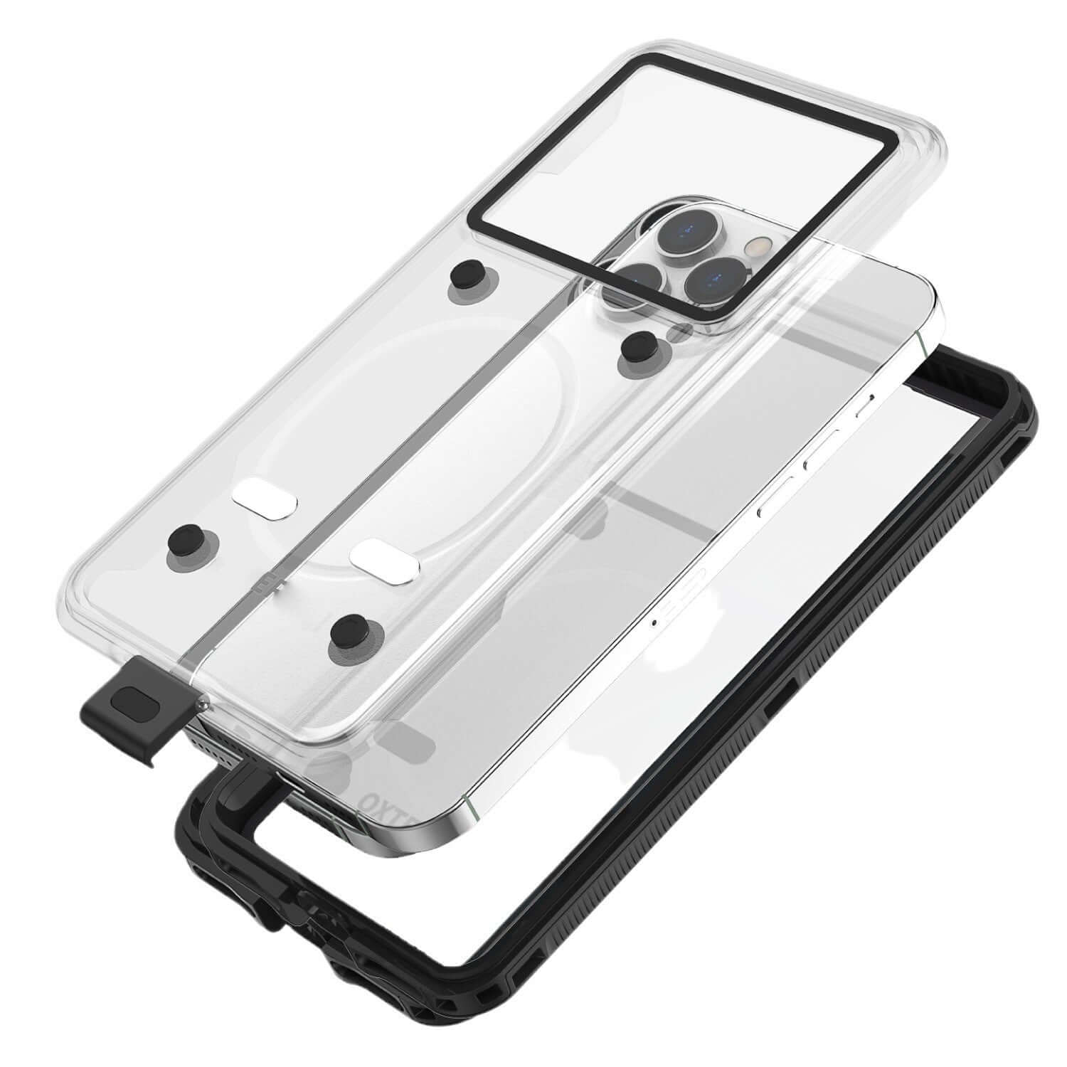 Waterproof phone case for iPhone with black and transparent design, featuring a protective shell and bracket.