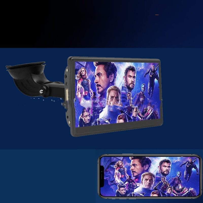 Portable IPS smart screen showcasing characters from Avengers, compatible with Carplay and Android AUTO.
