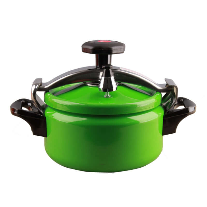 Green aluminum pressure cooker suitable for gas and induction cooktops, height 17cm, diameter 9cm.