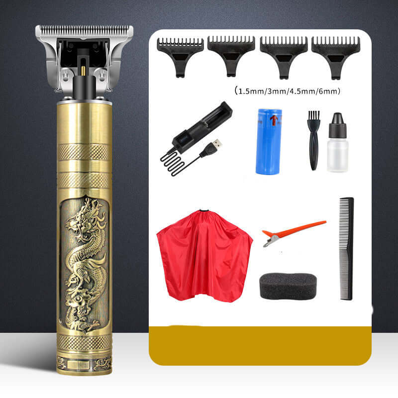 Professional electric hair clipper with dragon engraving, grooming accessories, and multiple attachment combs for precise trimming.