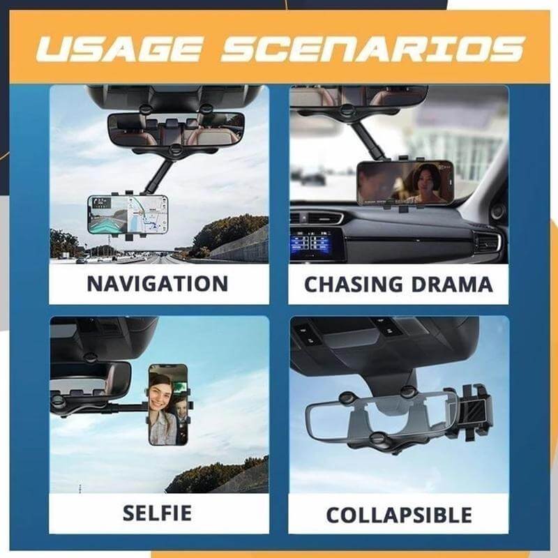Four usage scenarios of a rearview mirror phone holder: Navigation, watching drama, taking selfies, and collapsible view.