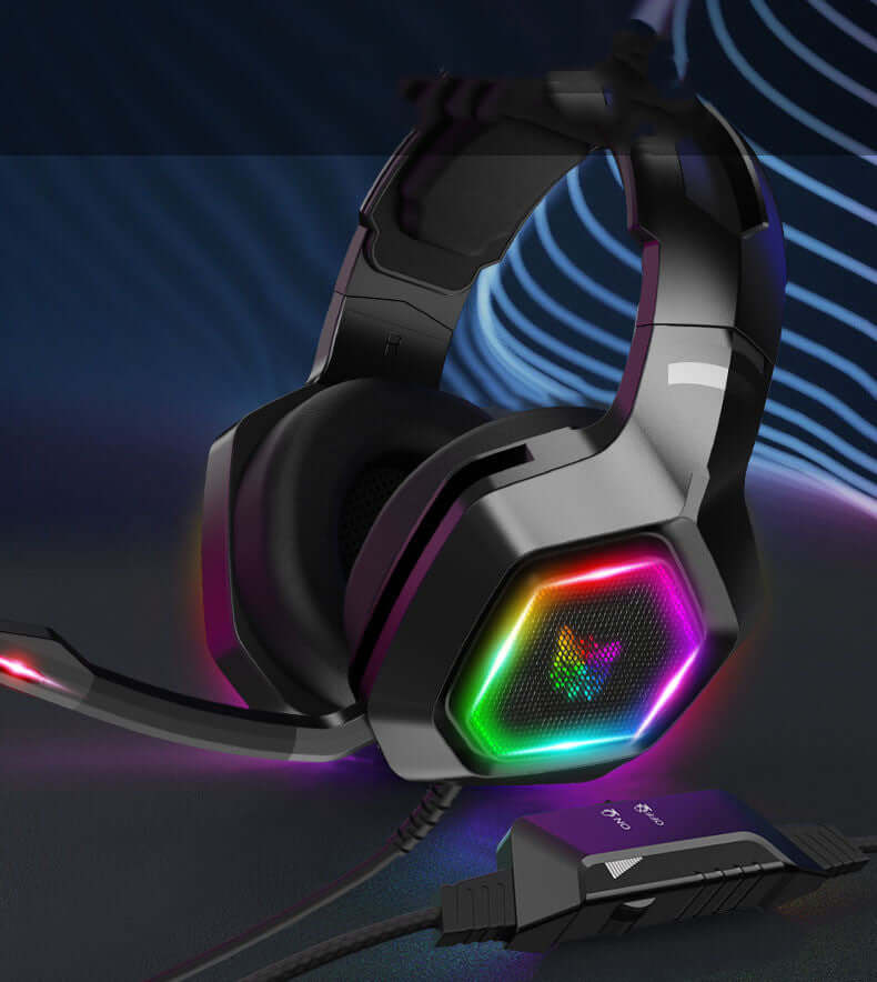 Stylish gaming headset with RGB lighting and built-in microphone for immersive sound experience.