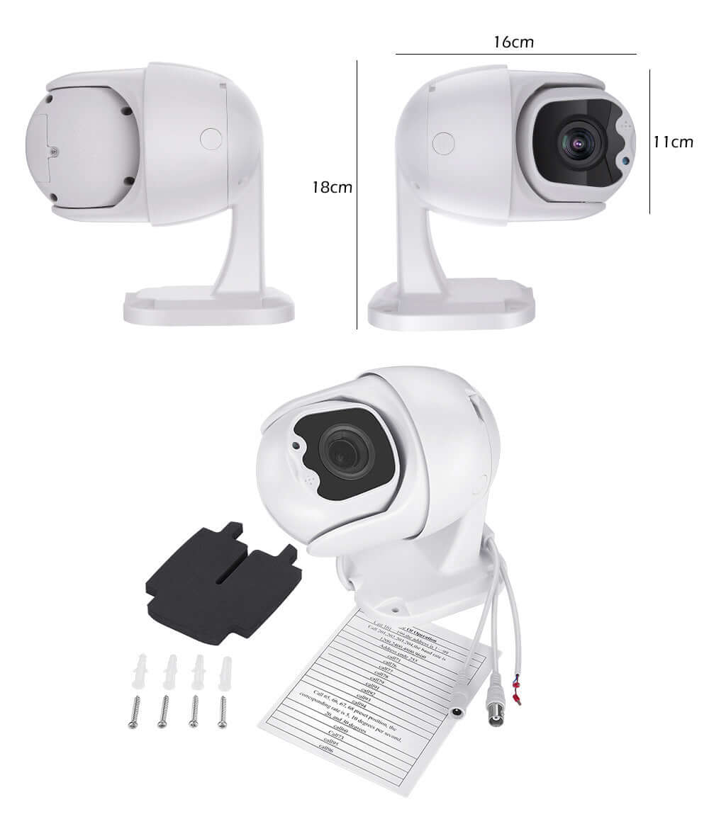 Caméra de surveillance sans fil modèle USA-APT-X avec support, dimensions et accessoires, résolution 1920x1080.