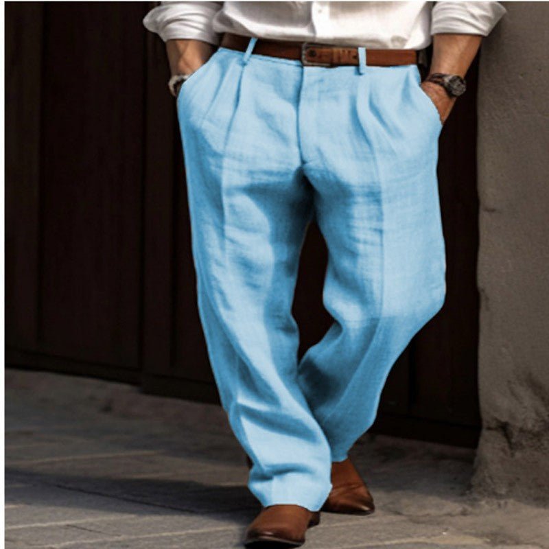 Men's Linen Trousers Double Pleated Front Pocket Straight Pure Color Comfort Breathable Casual - DBMP Shop