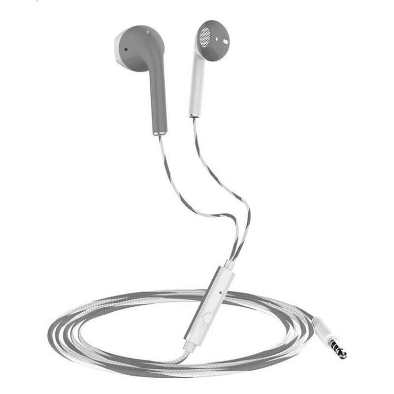Gray wired earphones with a microphone on a braided cable, designed for high-quality audio and comfortable use.