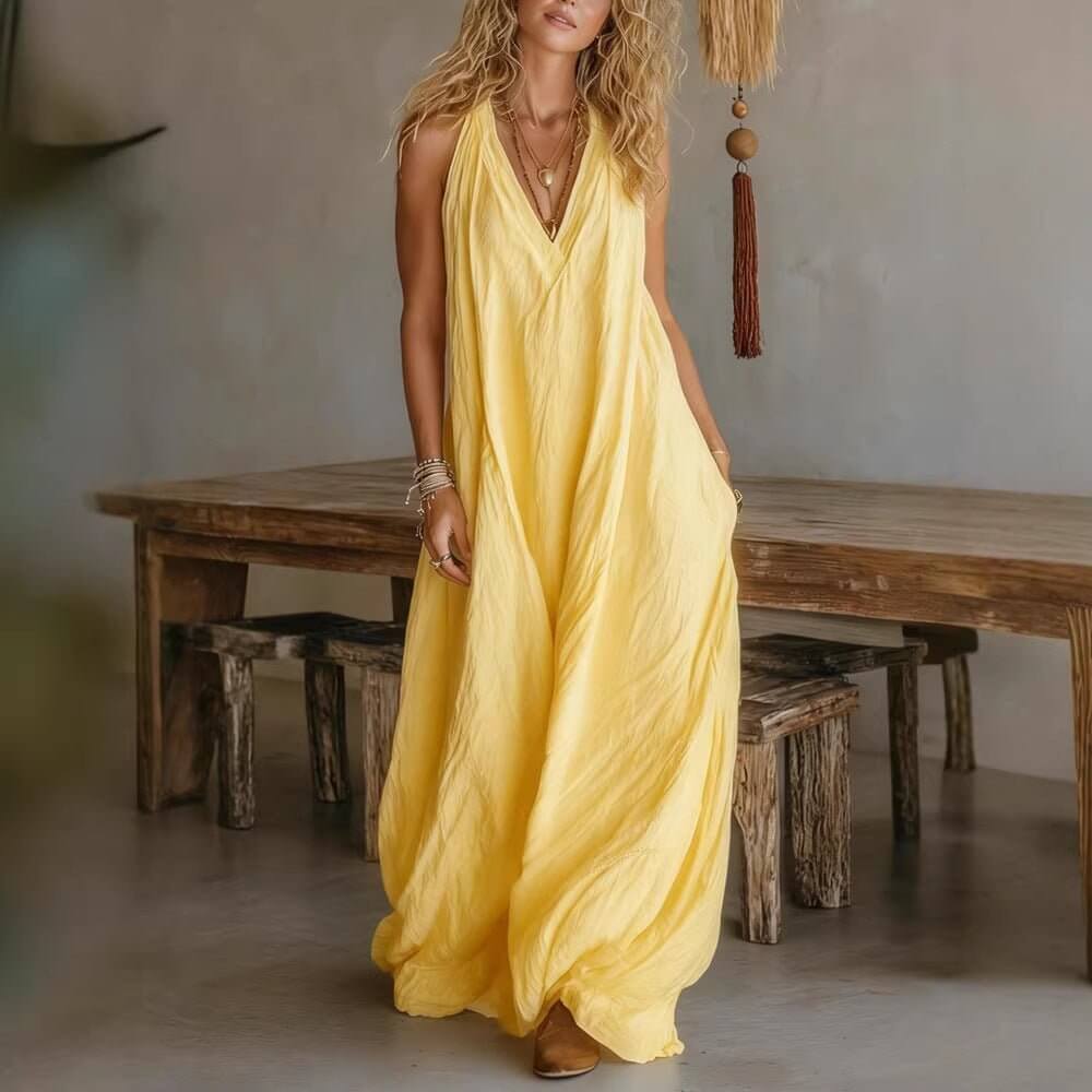 Casual Sleeveless Loose Fit Vest V - neck Long Dress With Front Pockets - Women's Summer Holiday Flowy Sleeveless Long Dresses For Daily Wear - DBMP (Electronics And More Store)