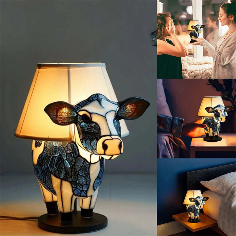 Charming cow table lamp with fabric shade, perfect for bedrooms and living rooms as decorative lighting.