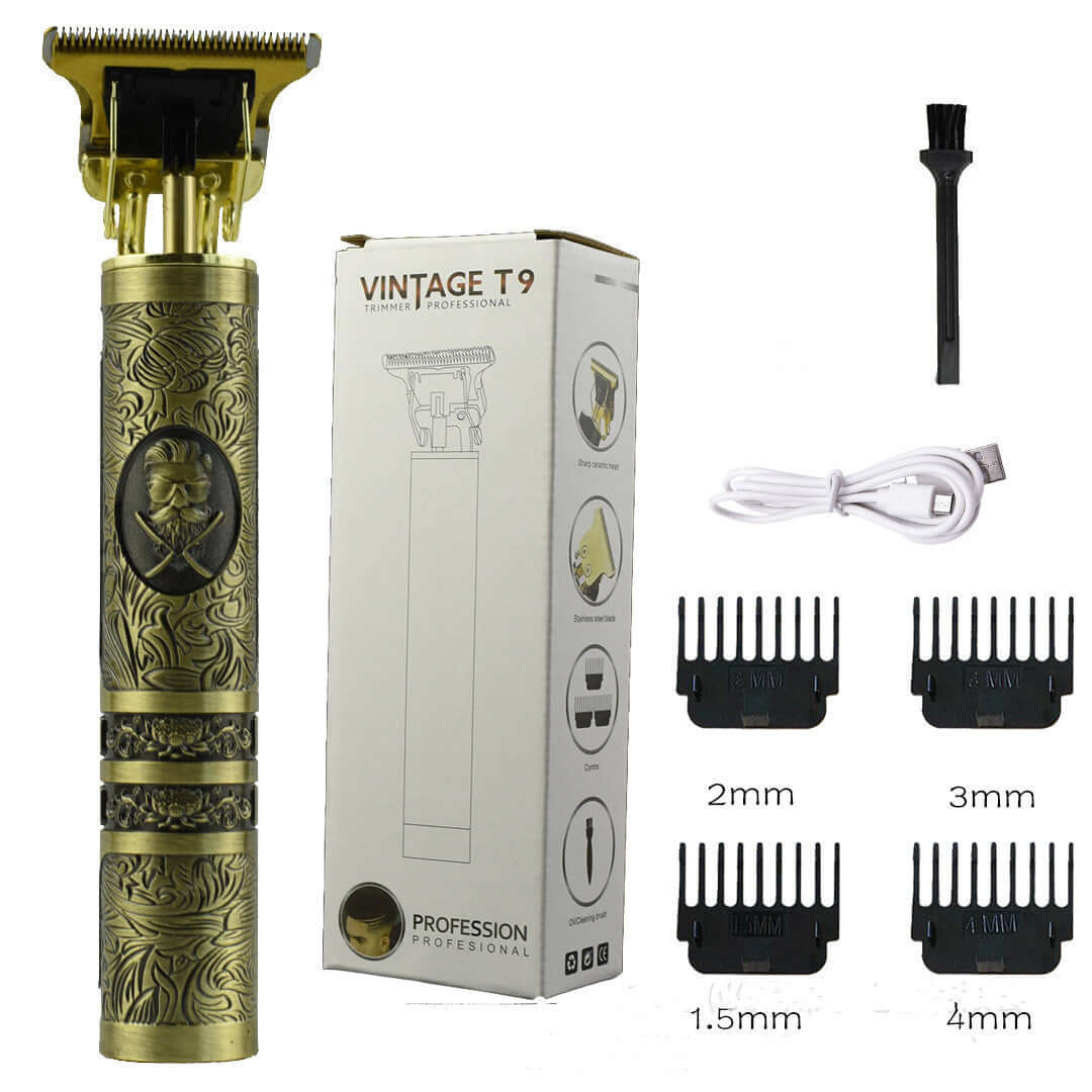 Vintage T9 cordless hair trimmer with titanium blade, cleaning brush, charging cable, and multiple guide combs for precision cutting.