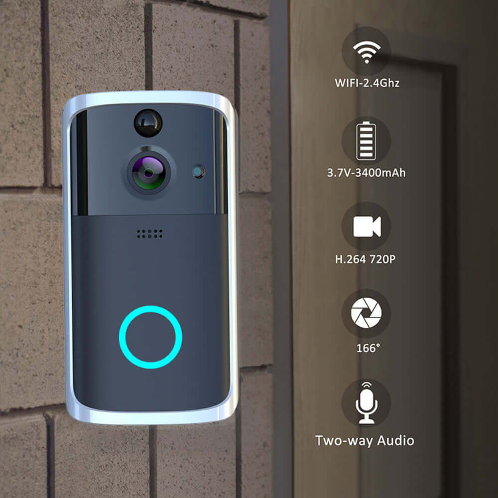 WiFi video doorbell camera with 720P HD video, two-way audio, night vision, and easy installation.