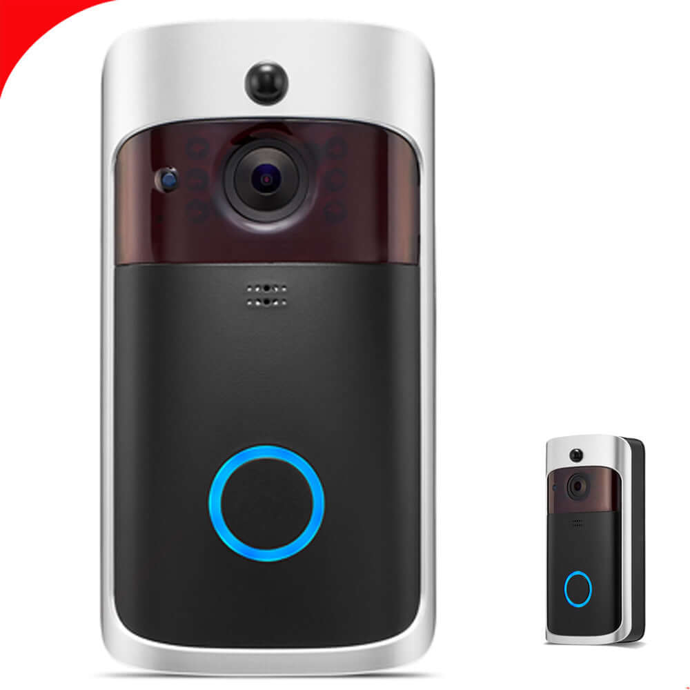 Smart wireless video doorbell with HD camera and wide-angle lens for home security.