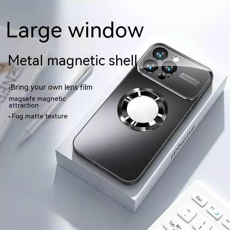 Large window metal magnetic shell phone case with fog matte texture and magsafe magnetic attraction features.