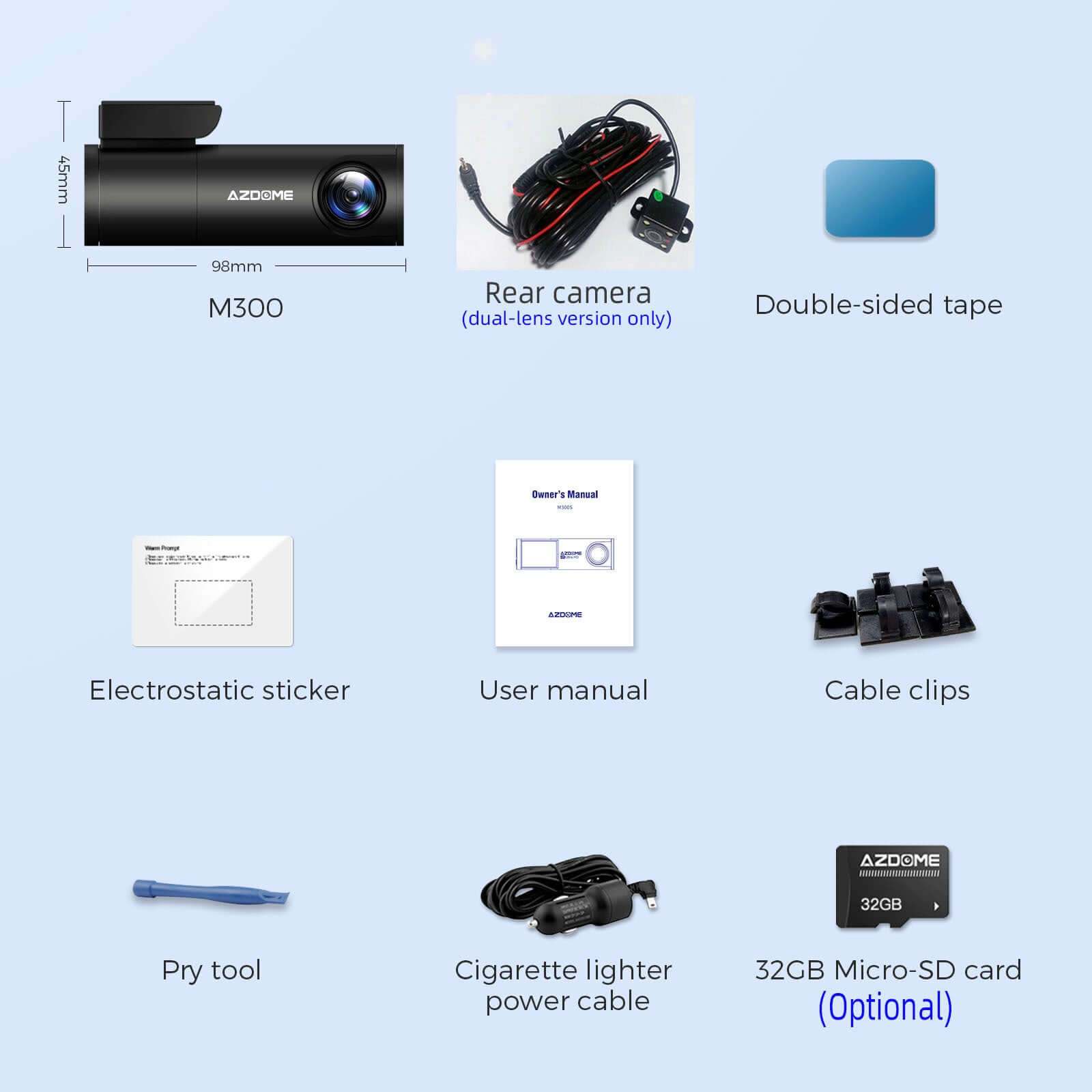 M300 dual lens recorder accessories including rear camera, user manual, cables, and installation tools on a blue background.